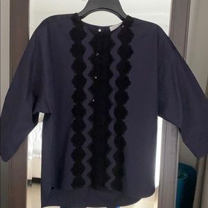 Sandro, dark blue with black lace detail blouse